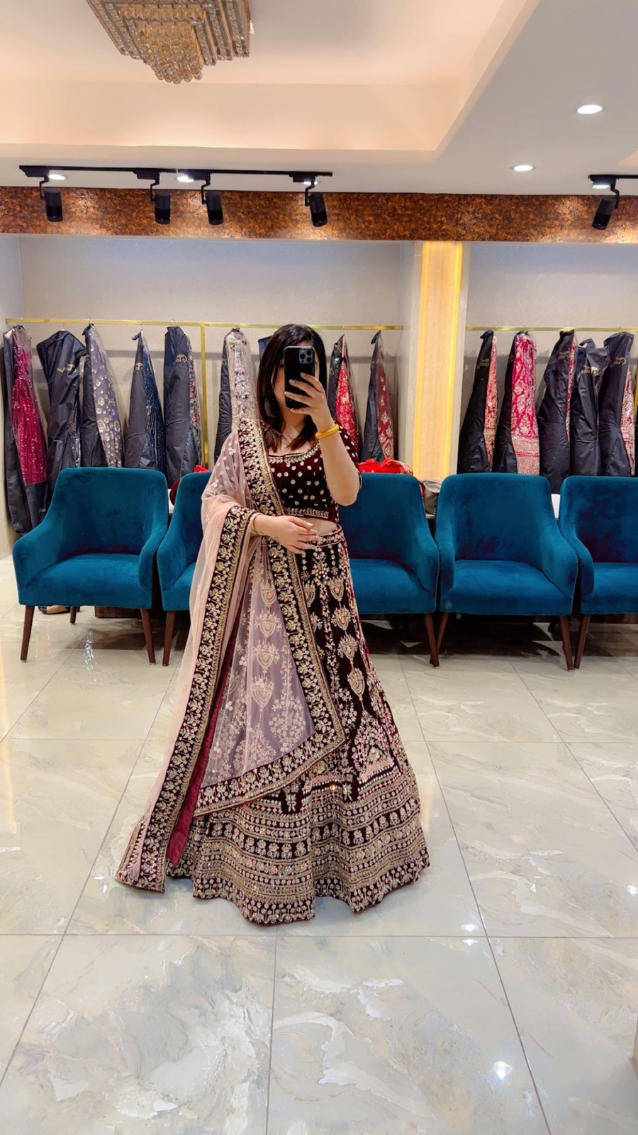 Maroon Velvet Bridal Lehenga