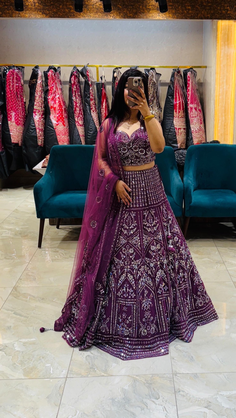 Plum Mirror-Work Lehenga