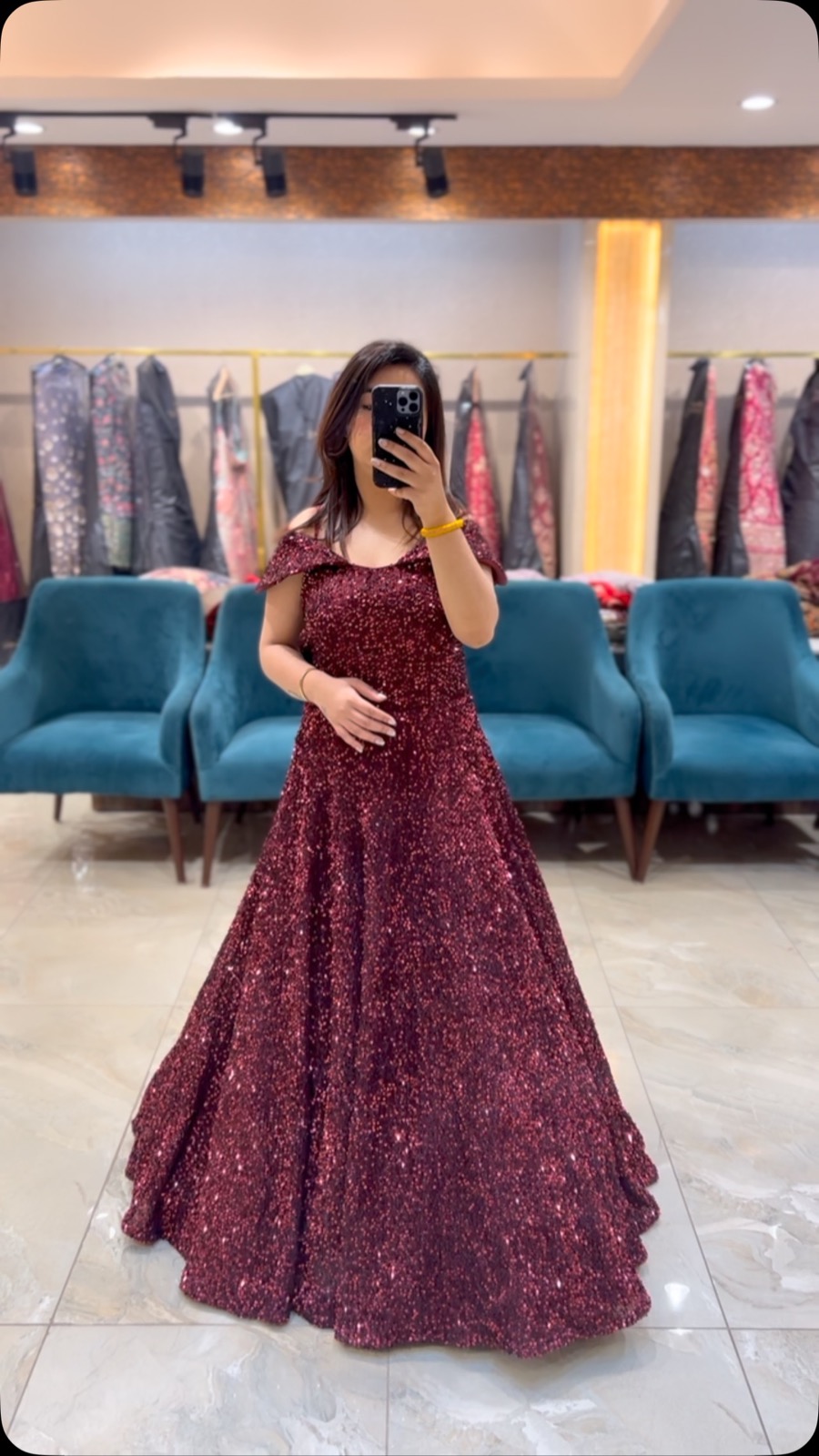 Wine Sequin Evening Gown